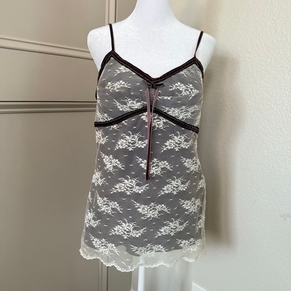 George Y2K Brown White Lace Babydoll Tank Velvet Trim Size M 8-10